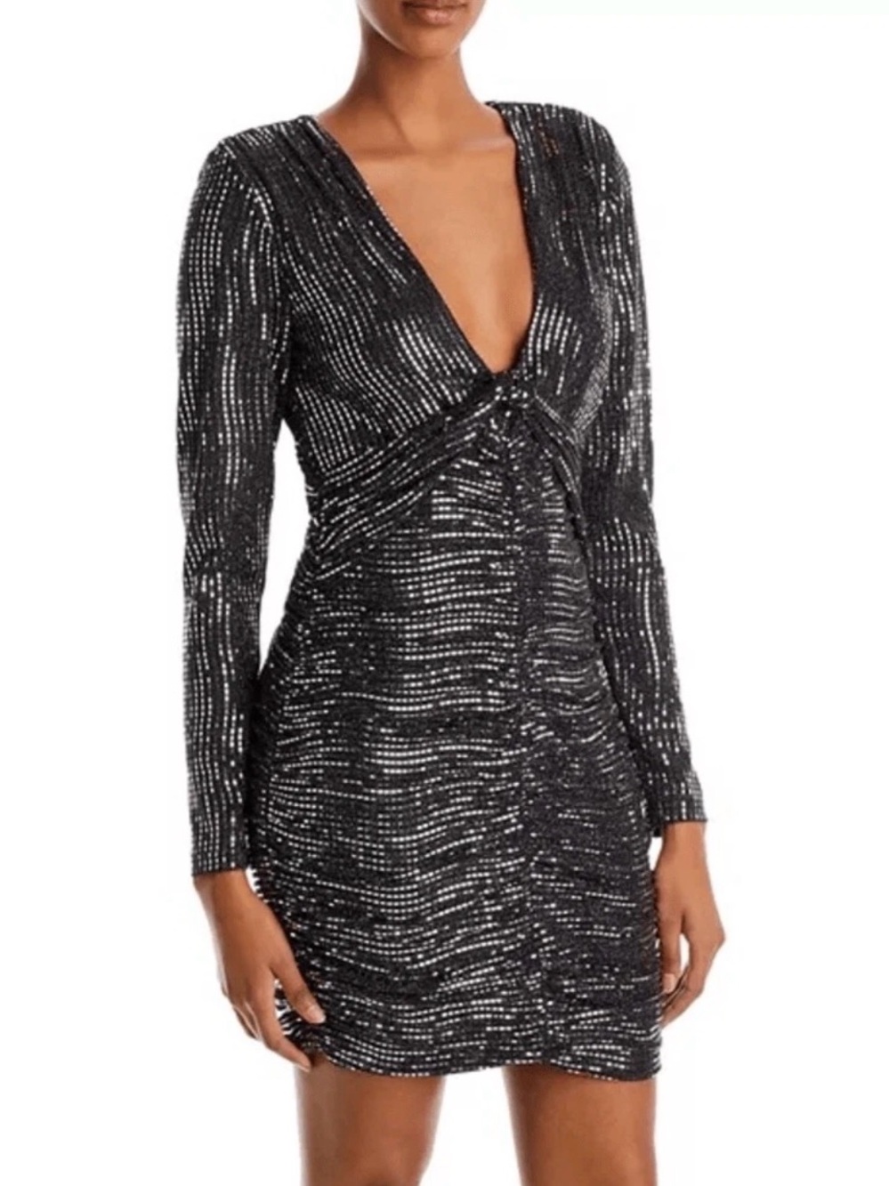 AQUA $228 Metallic Sequined Stripe Ruched Mini Dress SILVER BLACK SIZE XS NWT